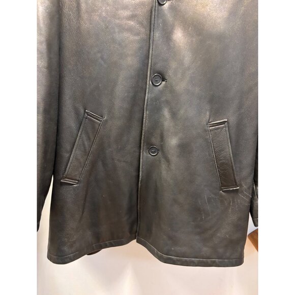 Vintage Black Leather Button-Up Coat With Front Pockets & Collared Neckline - Picture 2 of 16